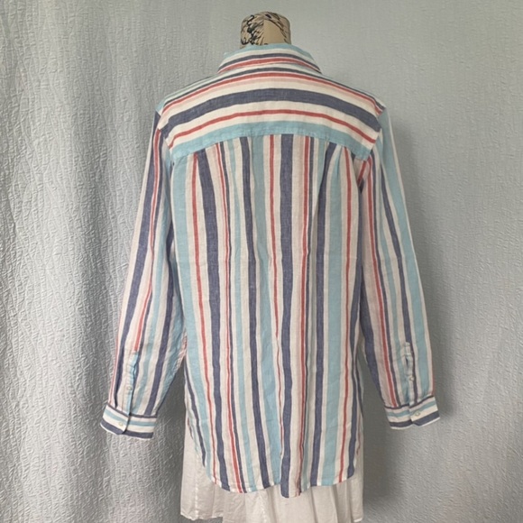 LL Bean Premium Striped Pool Blue Linen Button Down Shirt New - Picture 2 of 10